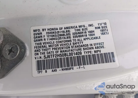 2011 Honda Accord Crosstour Ex-L from USA, damaged, VIN 5J6TF2H50BL001409